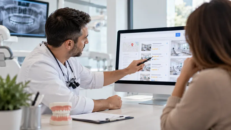 Dentista revisando en pantalla los resultados de Google Maps y las reseñas de su clínica dental