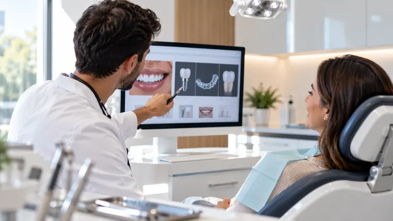 Dentista mostrando a una paciente en pantalla los tratamientos de implantes, ortodoncia invisible y estética dental